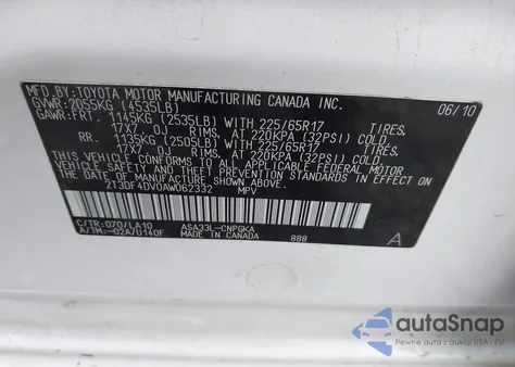 2010 Toyota Rav4 Limited из США, поврежденный, VIN 2T3DF4DV0AW062332